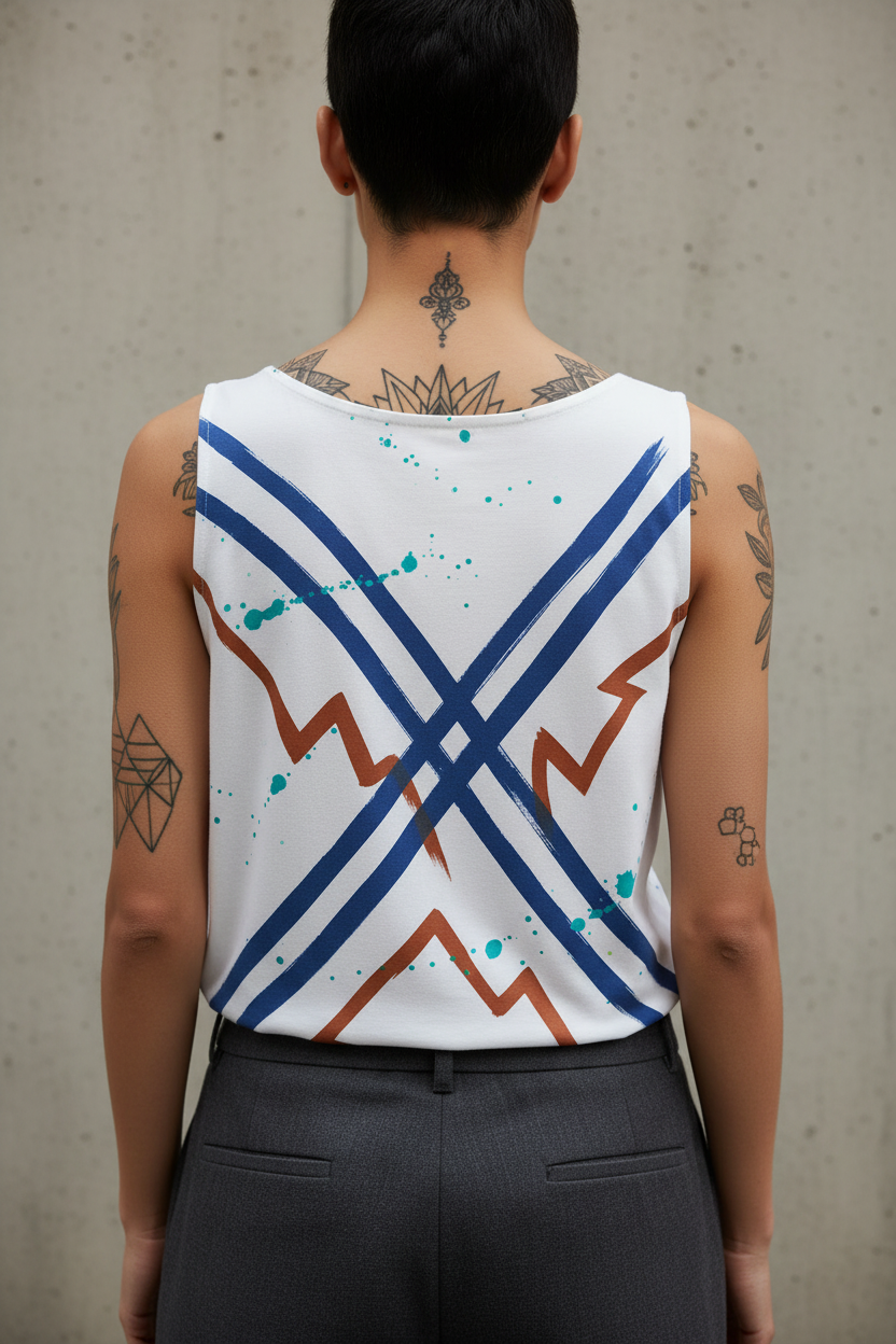 Camiseta Tirantes Trayectorias Cryptic Nine — detalle pintura a mano