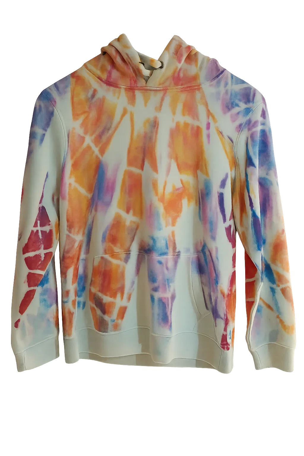 Sudadera blanca pintada a mano con diseño tie-dye en colores naranja, morado y azul