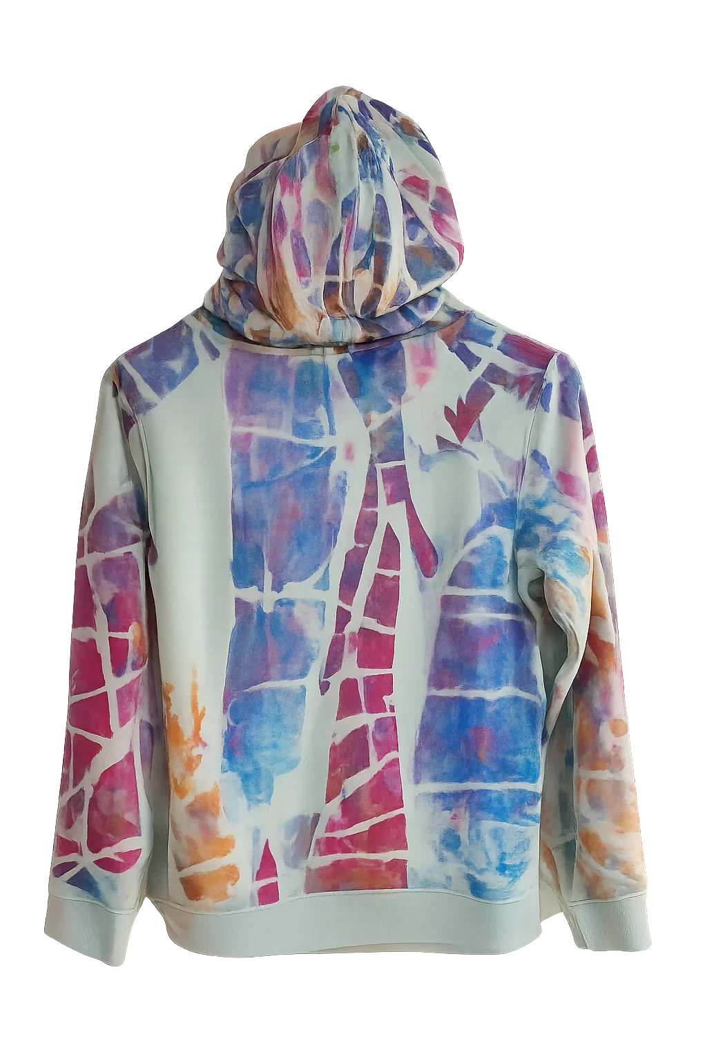 Sudadera blanca unisex pintada a mano con diseño abstracto en tonos morados, rosas y naranjas.