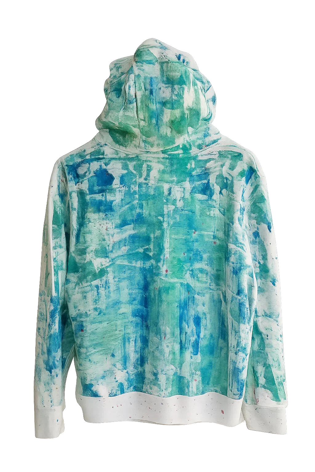Sudadera con capucha pintada a mano, diseño abstracto azul y verde, estilo maximalista.