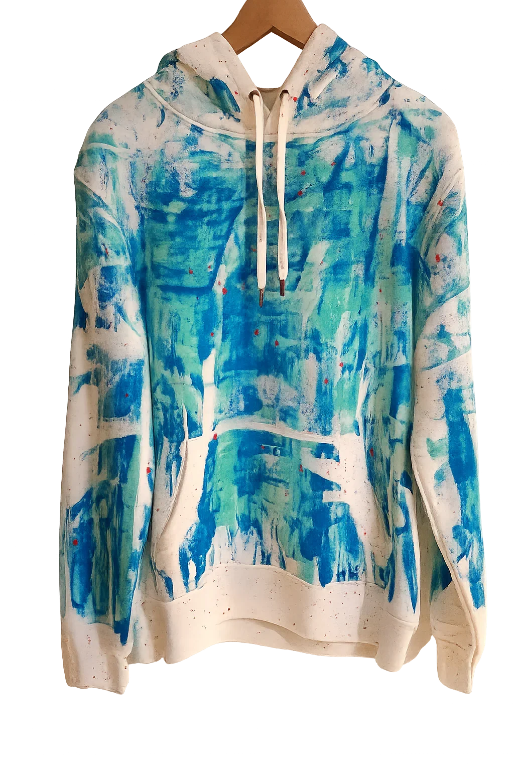 Sudadera blanca con diseño pintado a mano en tonos azules y detalles de salpicaduras rojas
