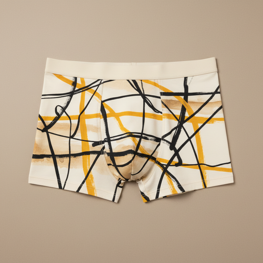 Boxer Abstract Black & Saffron Cryptic Nine — vista frontal