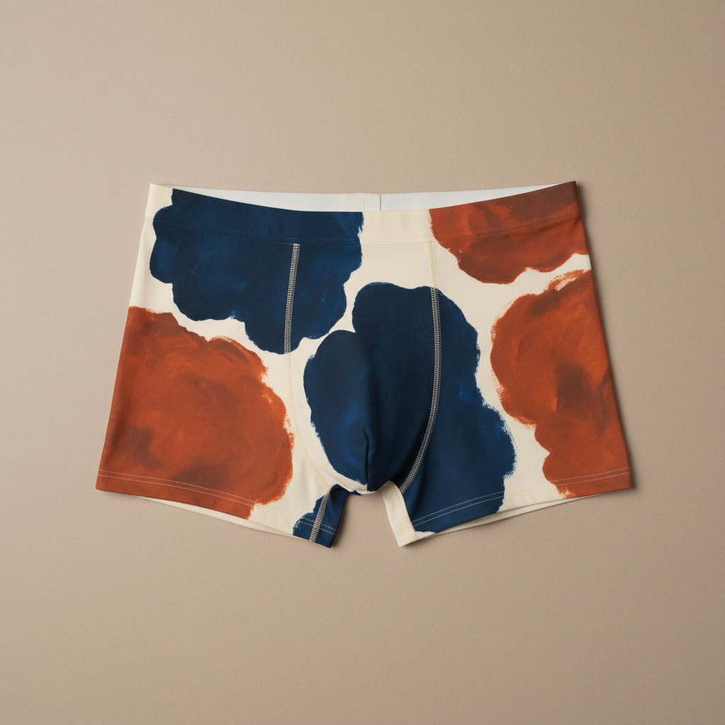 Boxer Abstract Navy & Rust Cryptic Nine — vista frontal