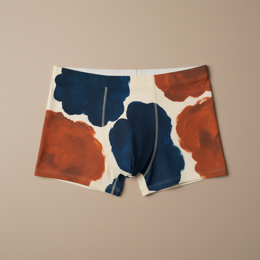 Boxer Abstract Navy & Rust Cryptic Nine — vista frontal