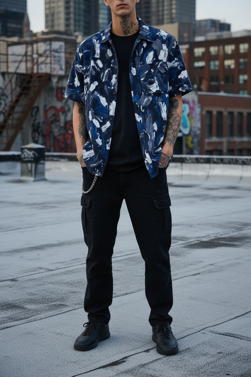 ★ UNIQUE Camisa Índigo Abstracto