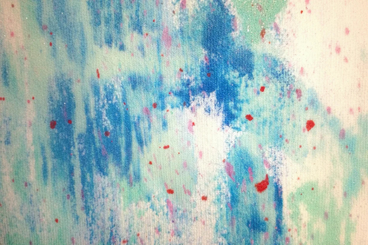 Diseño textil pintado a mano con manchas azules y salpicaduras rojas sobre fondo blanco