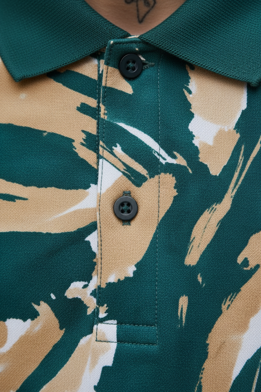 Polo Selva Teal Cryptic Nine — detalle pintura