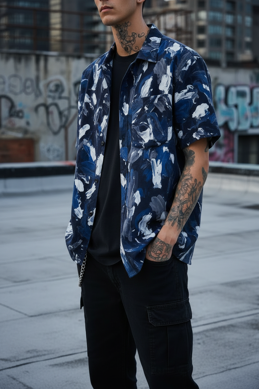★ UNIQUE Camisa Índigo Abstracto