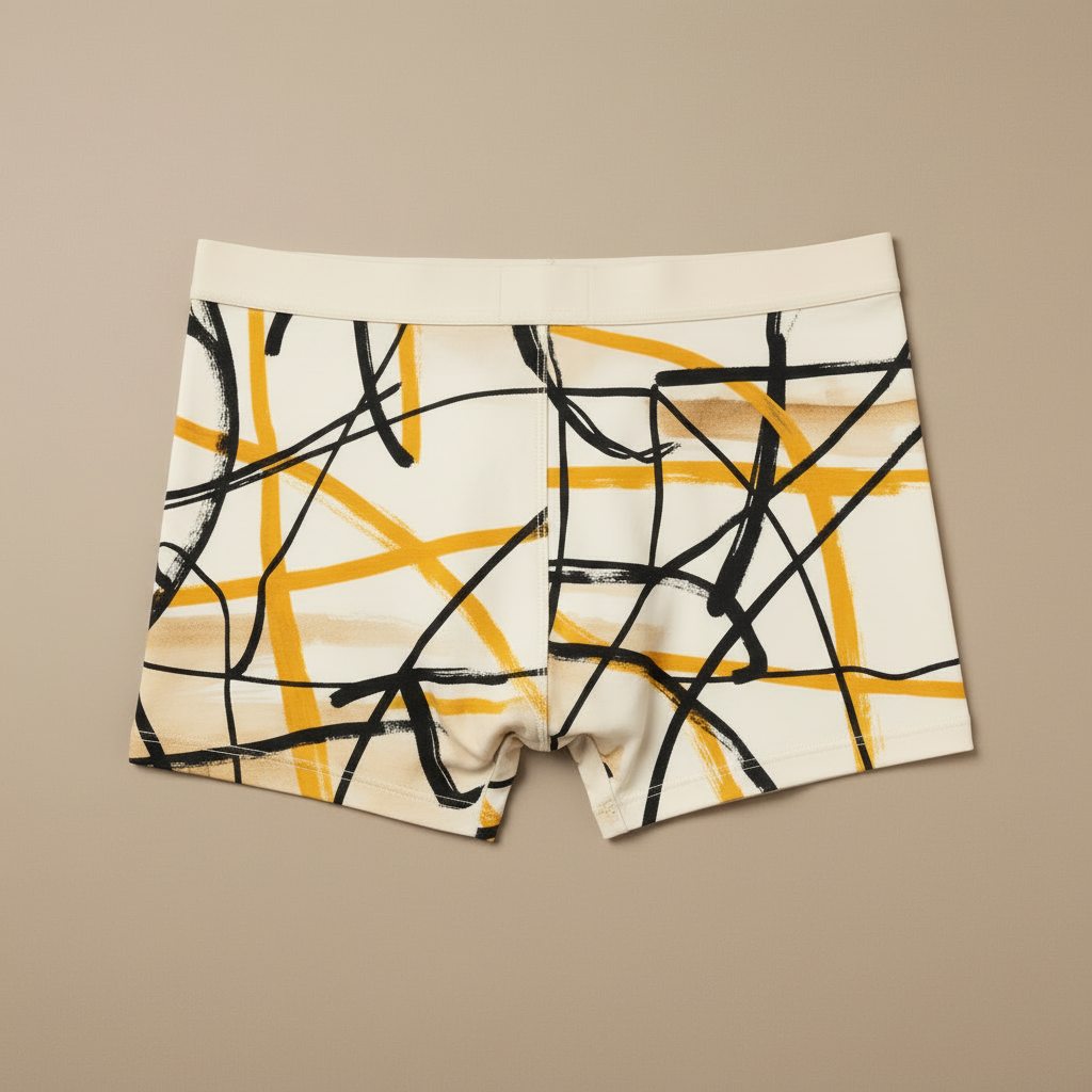 Boxer Abstract Black & Saffron Cryptic Nine — vista lateral